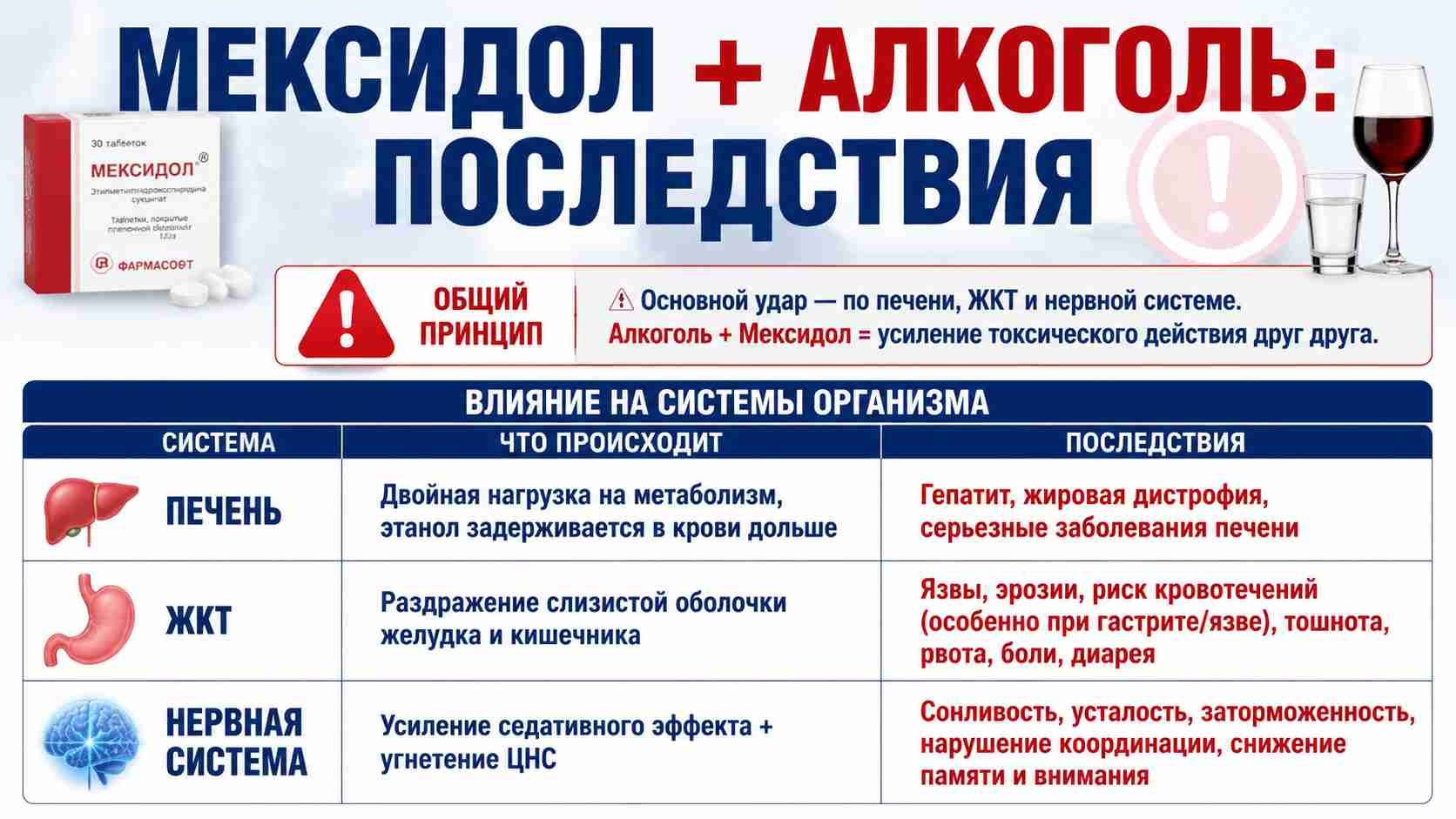 Инфографика о последствиях сочетания препарата Мексидол и алкоголя